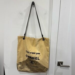 Chanel Beige Canvas Tote with Black Accents